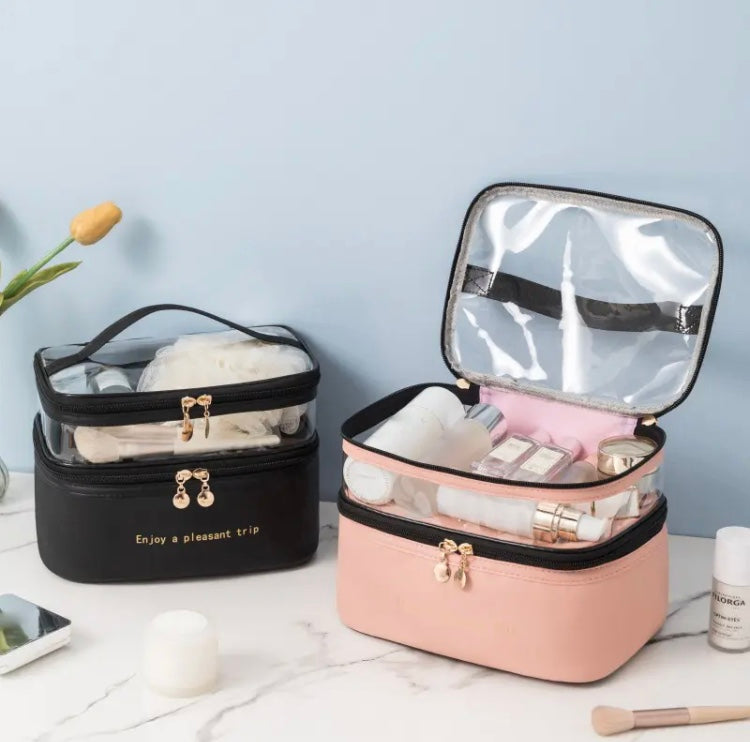 Women Double Layer Cosmetic Bag, Leather Makeup Organizer Bag, Large Capacity Cosmetic Travel Bag Women Double Layer Cosmetic Bag, Leather Makeup Organizer Bag, Large Capacity Cosmetic Travel Bag